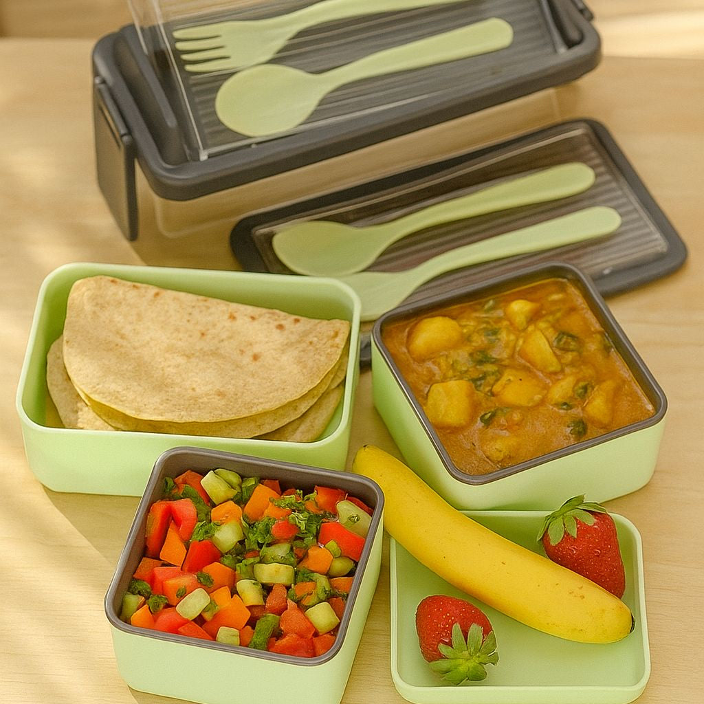 3 Section Lunch Box with 1 Spoon & 1 Fork (Pack of 1)