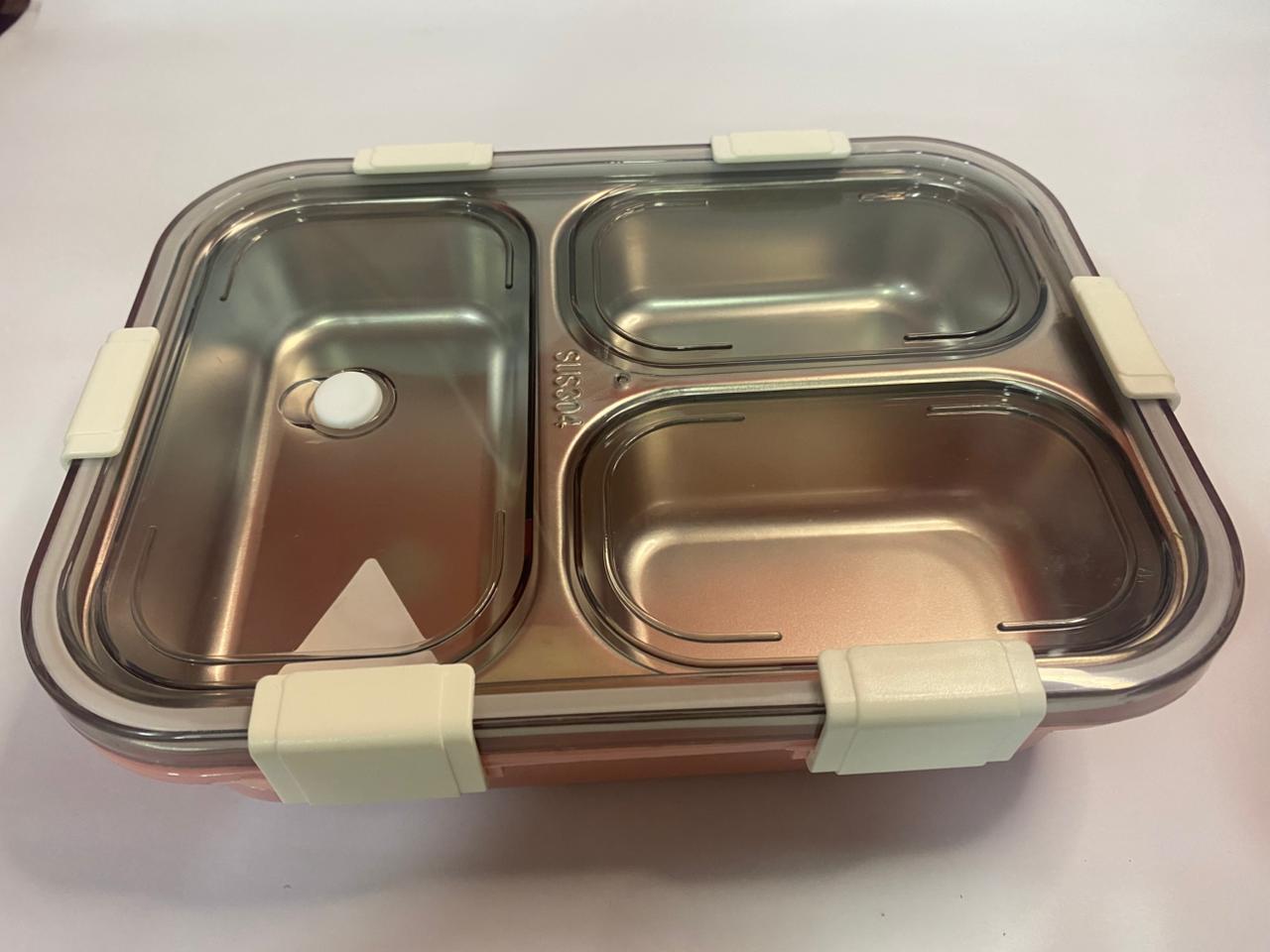 Stainless Steel 3-Compartment Lunch Box with Spoon & Leakproof Lid โ Bento Style Tiffin Box for Office & School