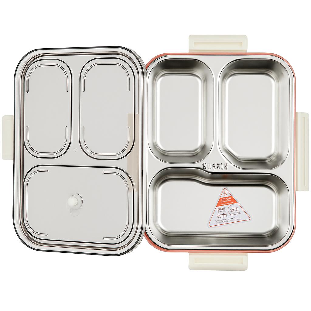 Stainless Steel 3-Compartment Lunch Box with Spoon & Leakproof Lid โ Bento Style Tiffin Box for Office & School