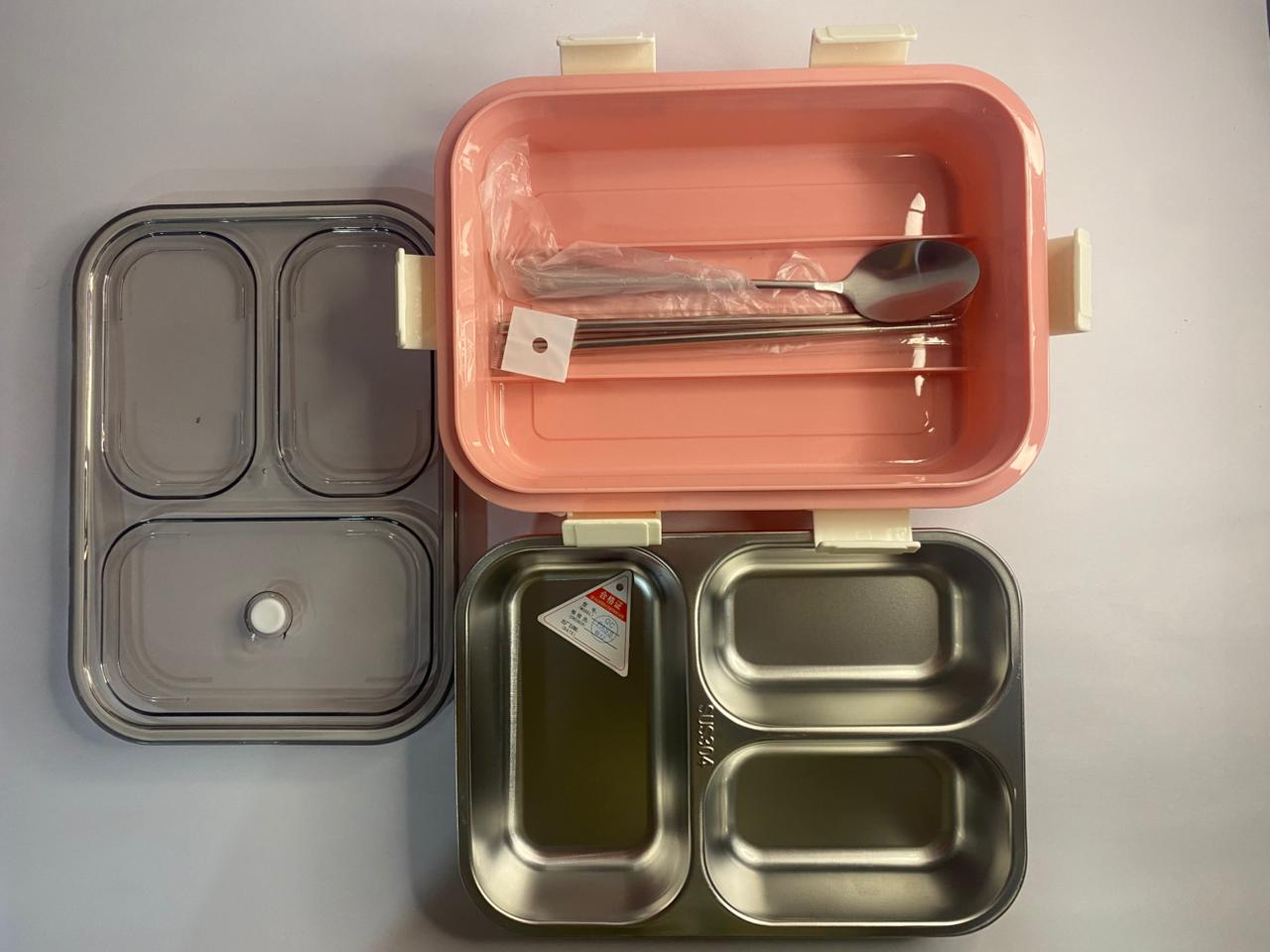 Stainless Steel 3-Compartment Lunch Box with Spoon & Leakproof Lid โ Bento Style Tiffin Box for Office & School