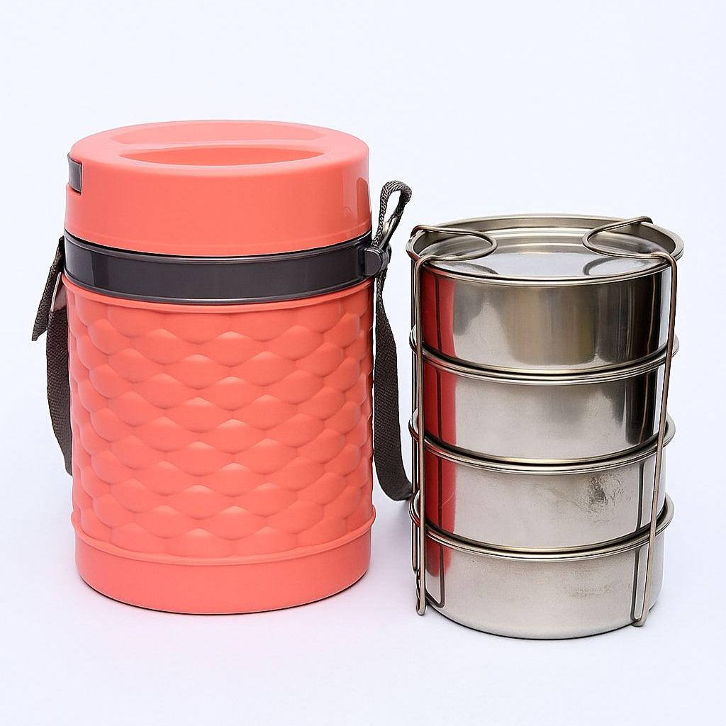 4-Tier Stainless Steel Insulated Lunch Box with Thermal Carry Case – Leak-Proof & Portable Tiffin for Office, School & Travel