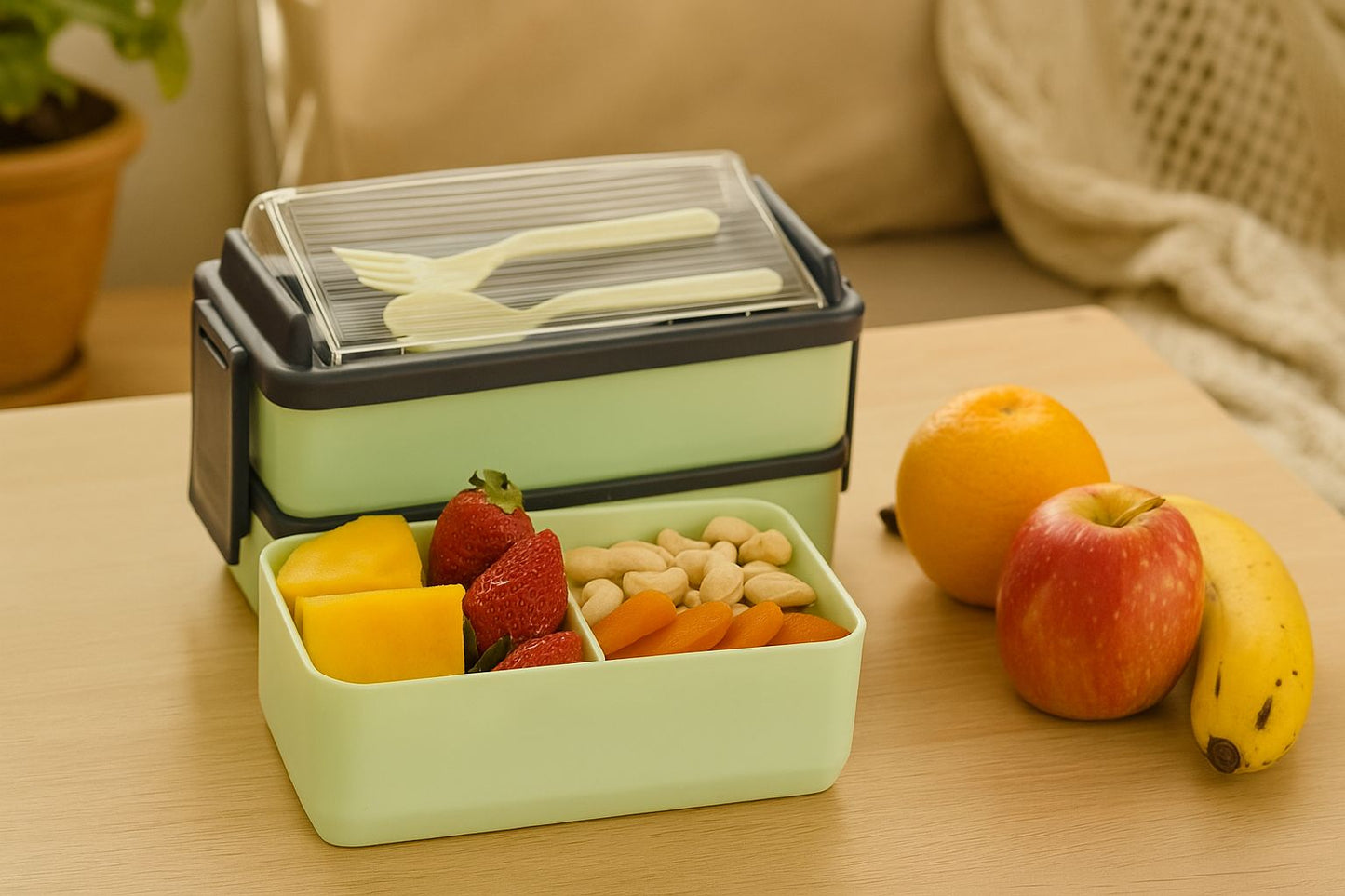 3 Section Lunch Box with 1 Spoon & 1 Fork (Pack of 1)