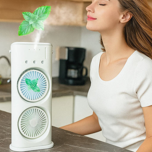 Portable Dual Blade Mini Fan with LED Lights | USB Rechargeable Desk Fan for Home, Office & Travel