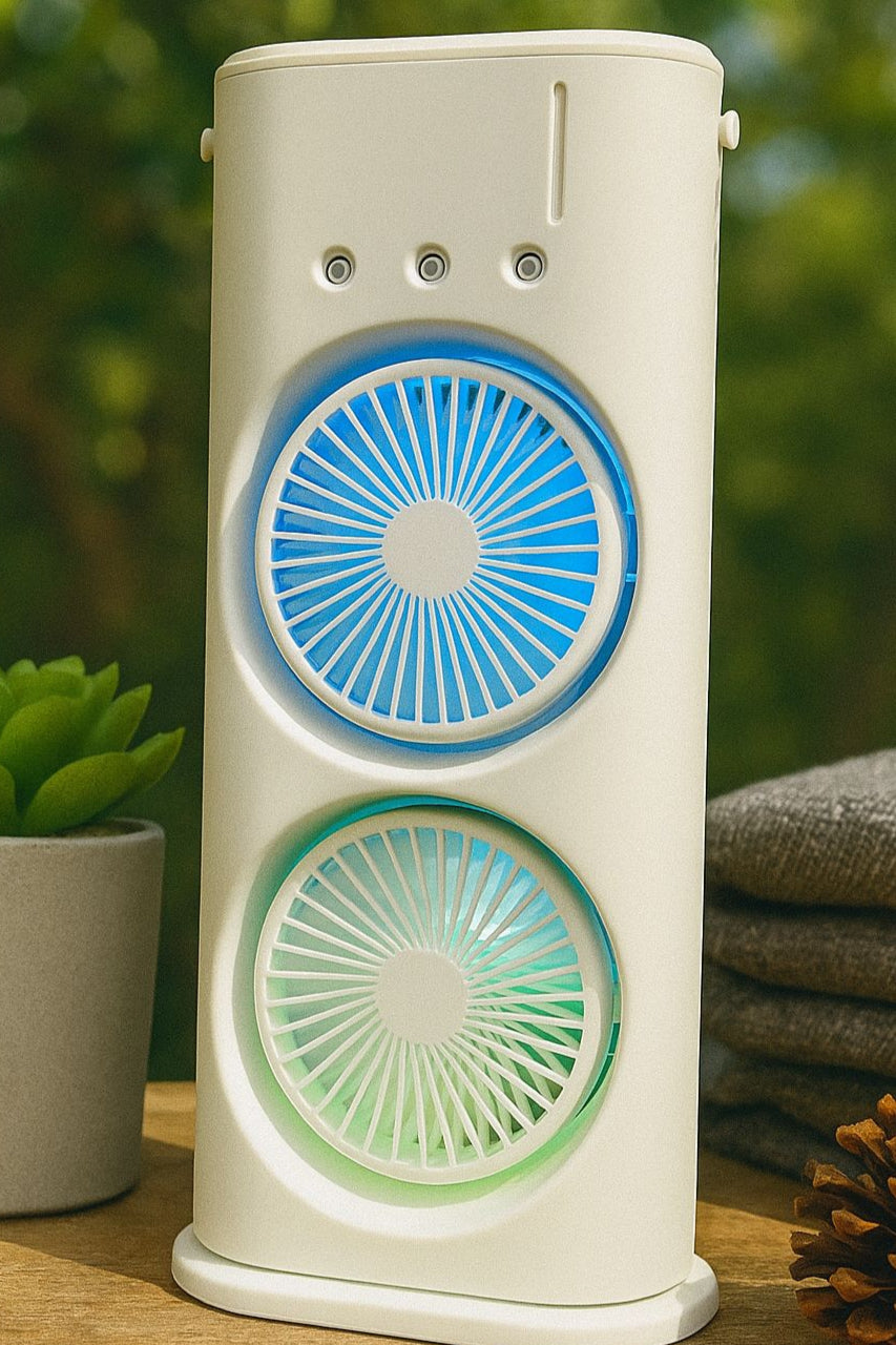 Portable Dual Blade Mini Fan with LED Lights | USB Rechargeable Desk Fan for Home, Office & Travel