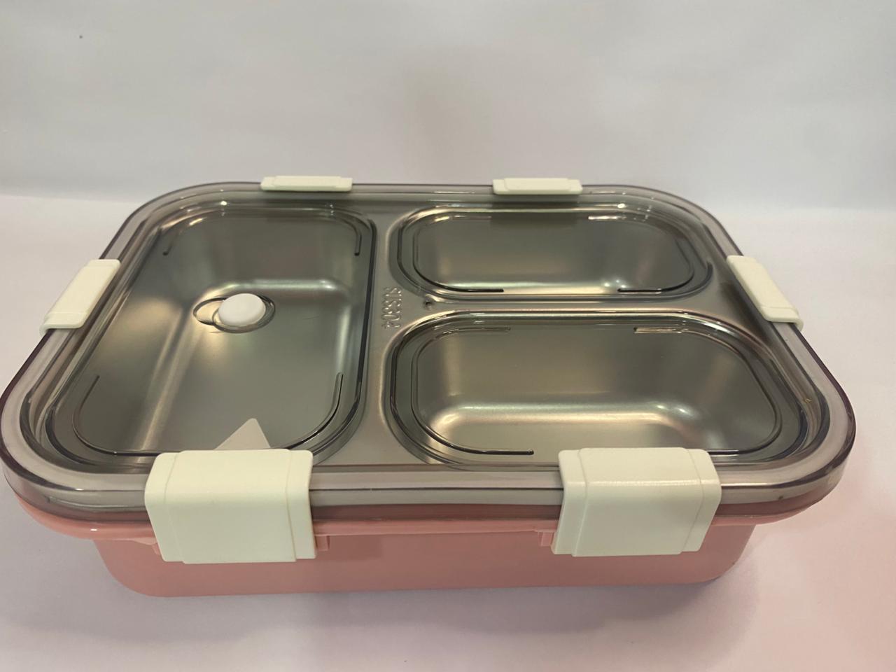 Stainless Steel 3-Compartment Lunch Box with Spoon & Leakproof Lid – Bento Style Tiffin Box for Office & School